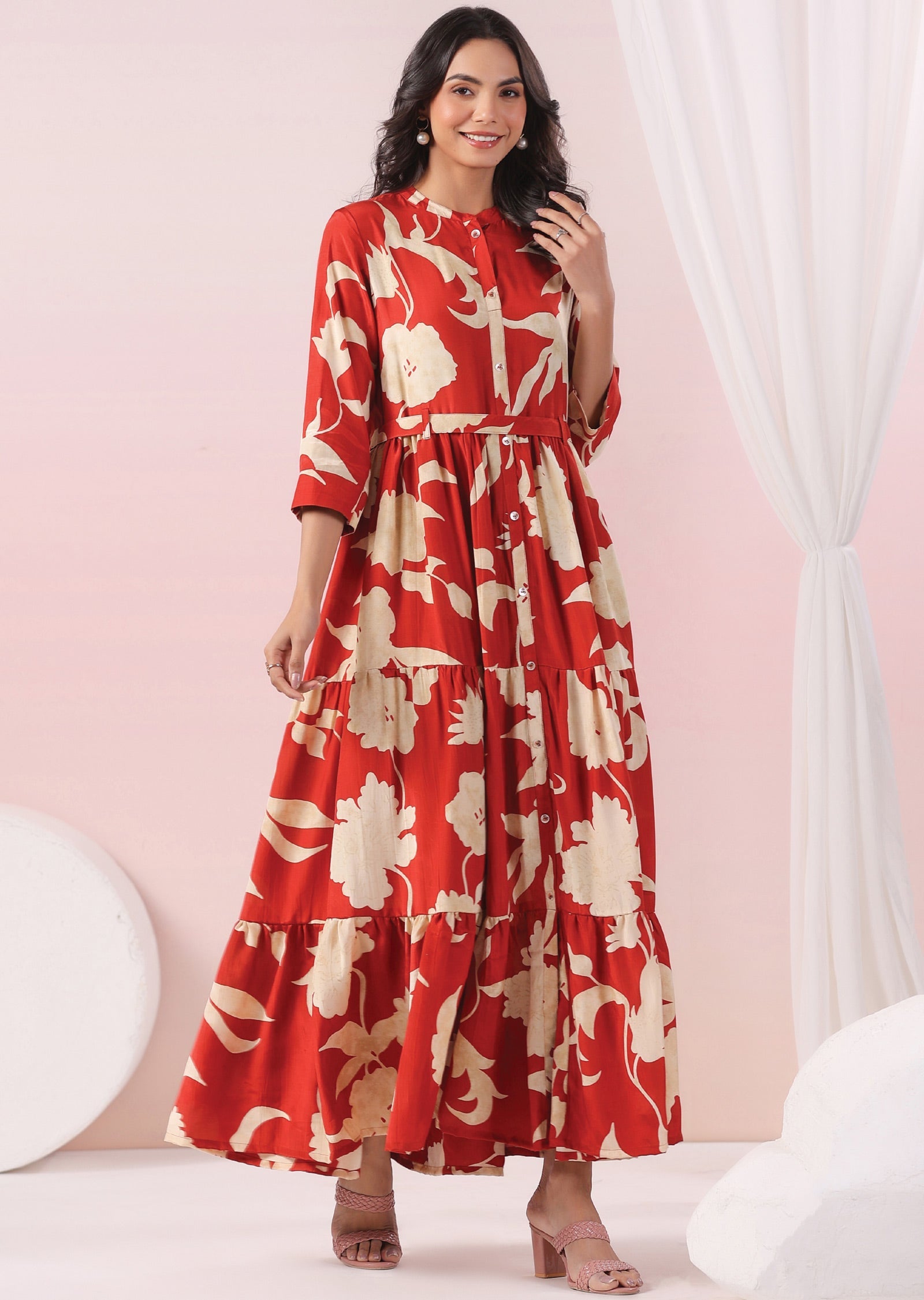 Rust & Beige Muslin Long Dress