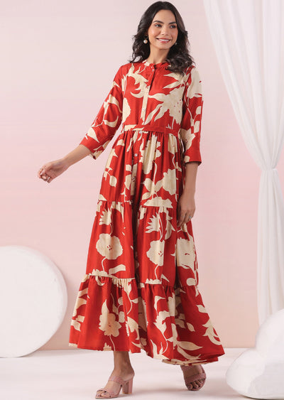 Rust & Beige Muslin Long Dress