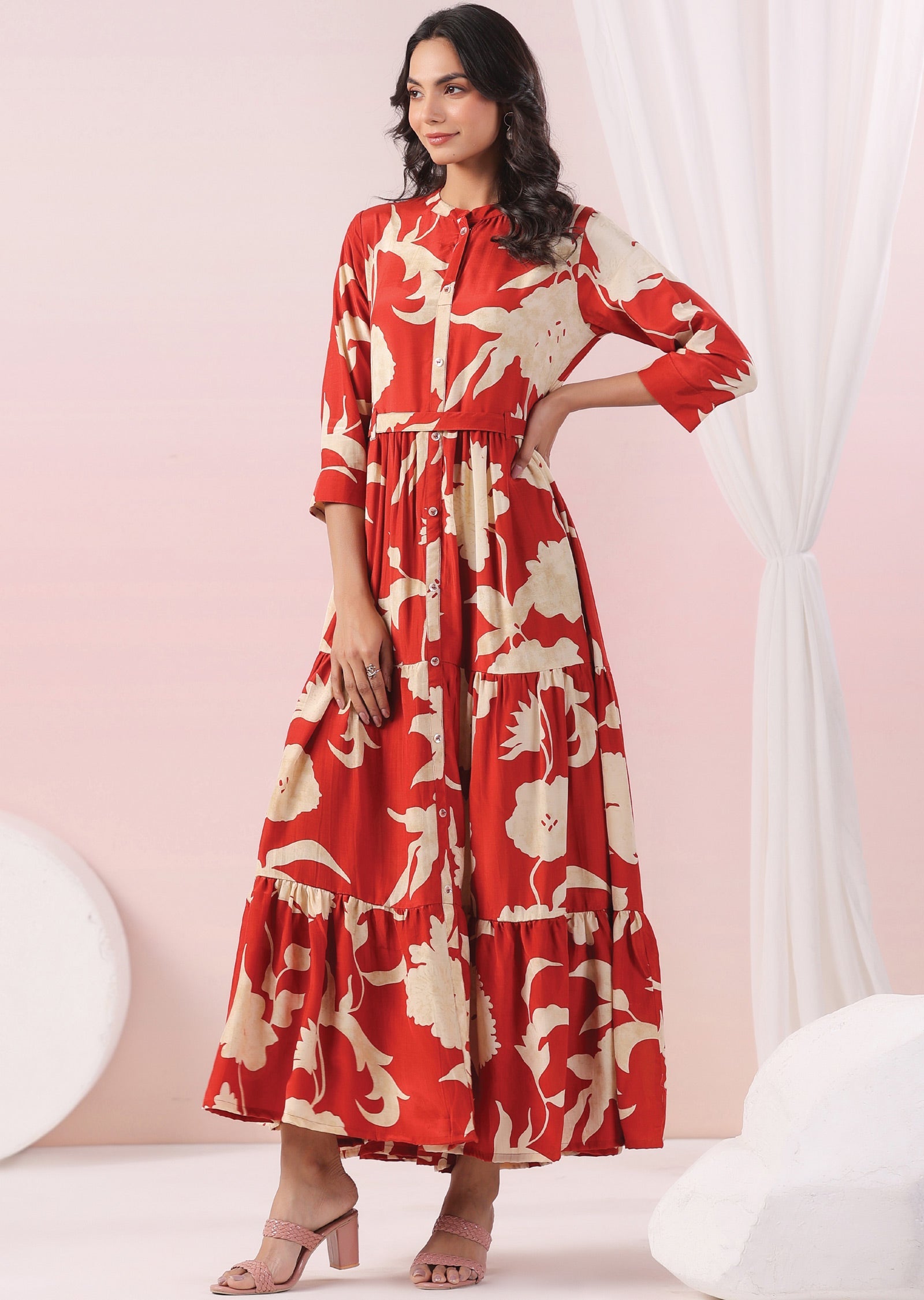 Rust & Beige Muslin Long Dress