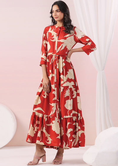 Rust & Beige Muslin Long Dress