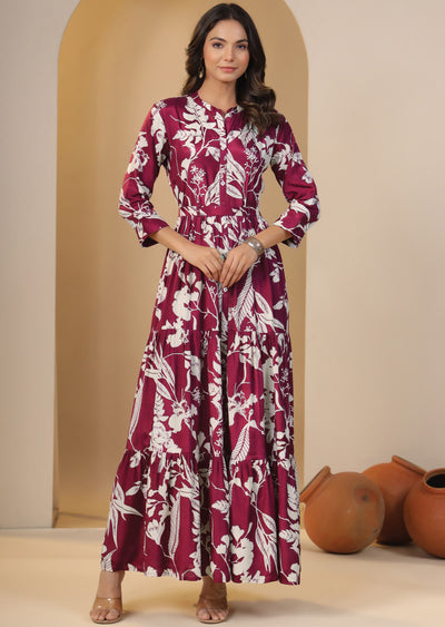 Magenta & Beige Muslin Long Dress