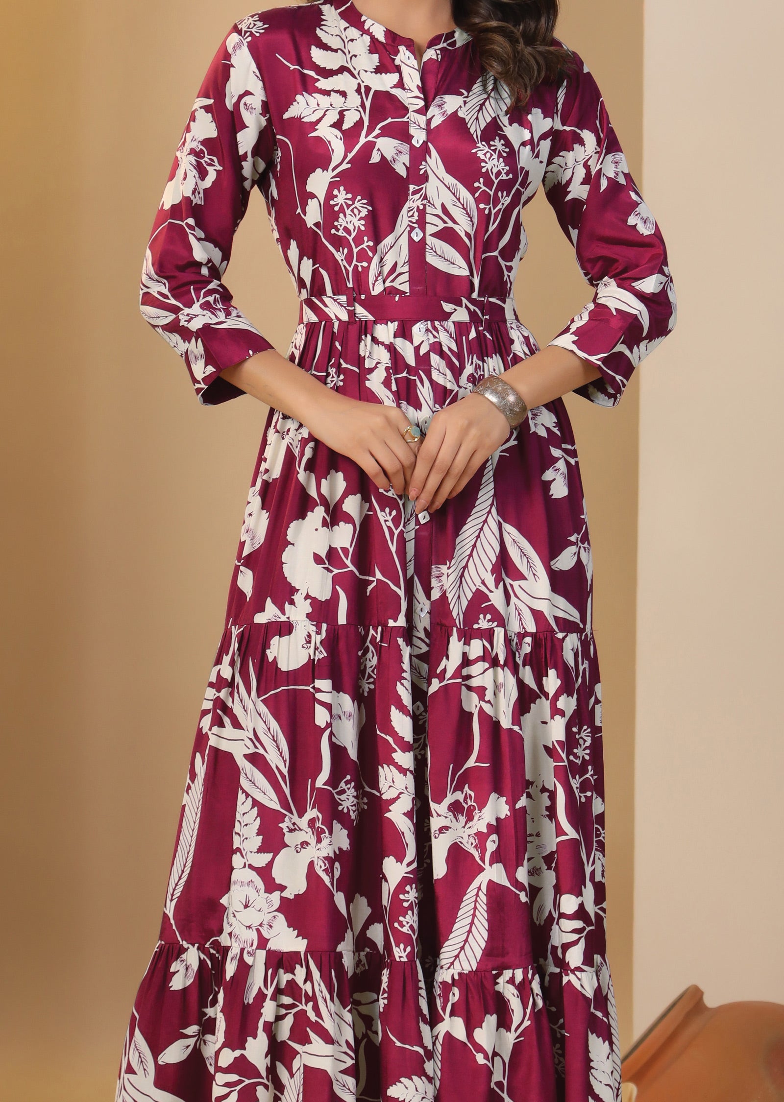 Magenta & Beige Muslin Long Dress