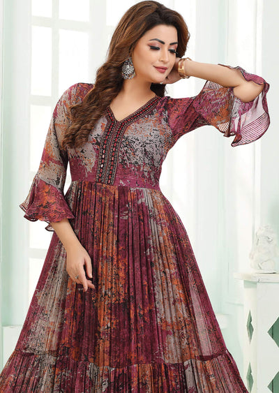 Magenta & Grey Georgette Long Dress