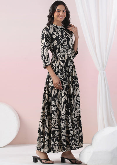 Black & Beige Muslin Long Dress