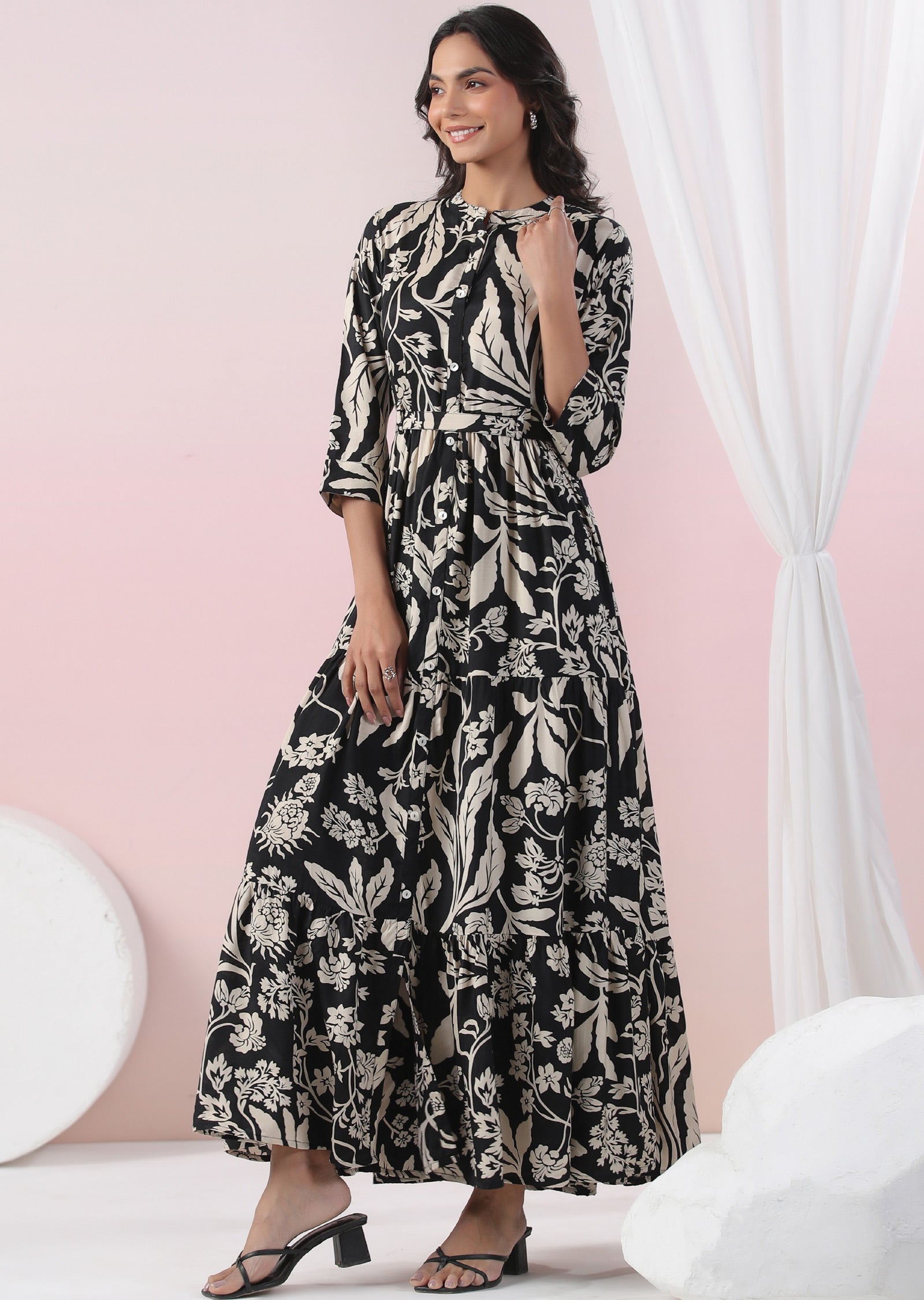 Black & Beige Muslin Long Dress