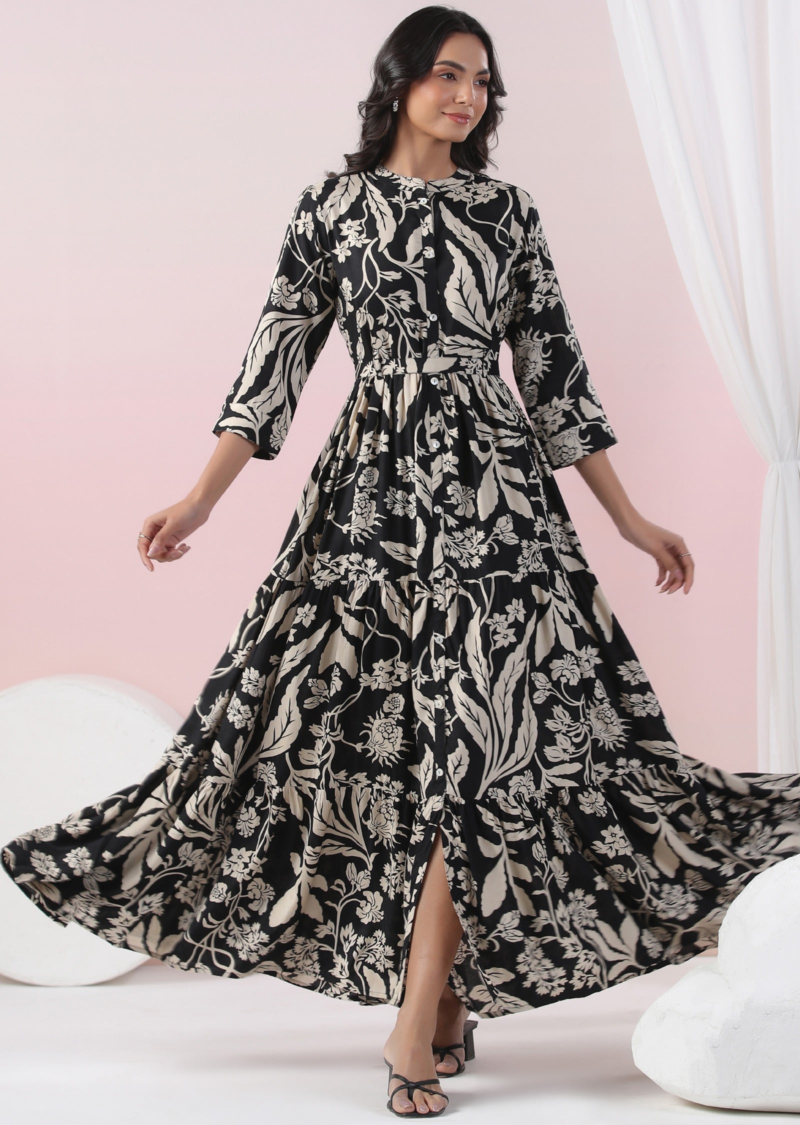 Black & Beige Muslin Long Dress