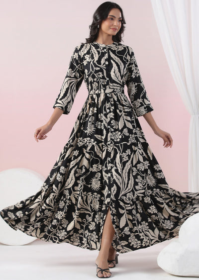 Black & Beige Muslin Long Dress