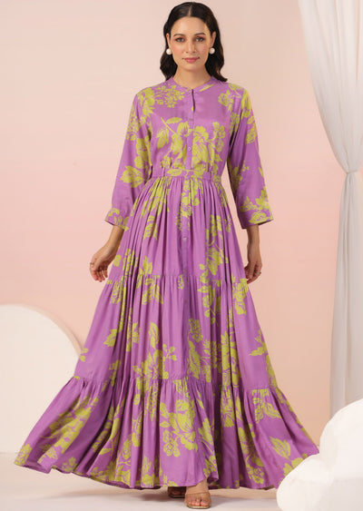 Lavender & Green Muslin Long Dress