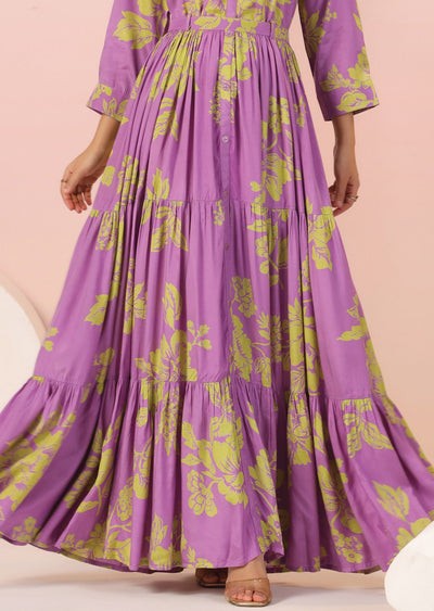 Lavender & Green Muslin Long Dress