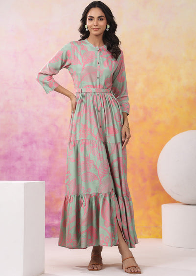 Dusty Green & Pink Muslin Long Dress