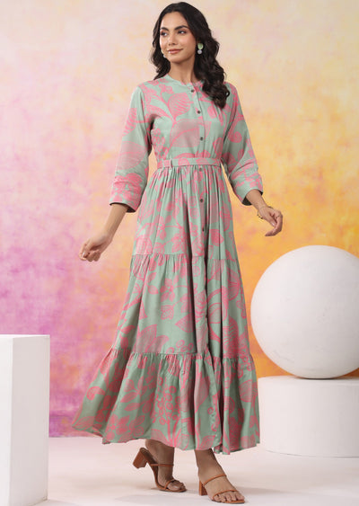 Dusty Green & Pink Muslin Long Dress