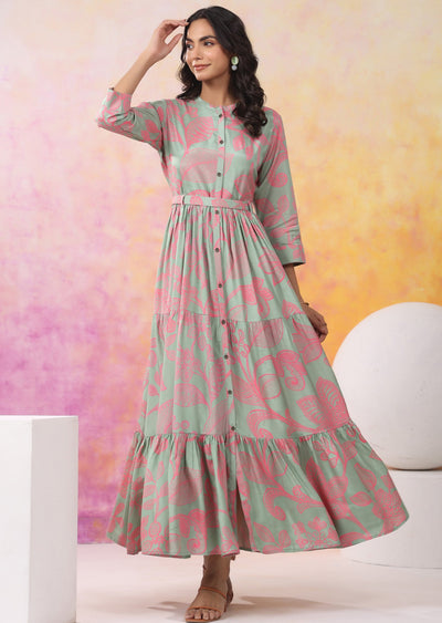 Dusty Green & Pink Muslin Long Dress