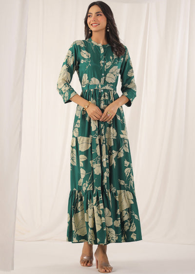 Green & Beige Muslin Long Dress