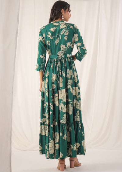 Green & Beige Muslin Long Dress