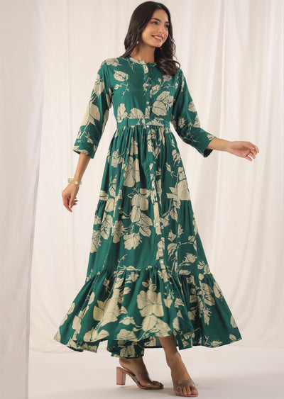 Green & Beige Muslin Long Dress