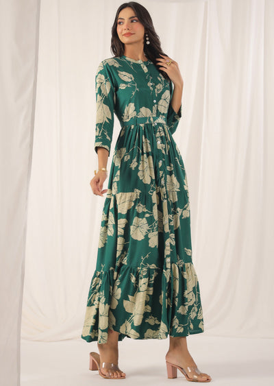 Green & Beige Muslin Long Dress