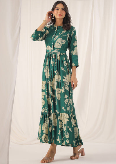 Green & Beige Muslin Long Dress