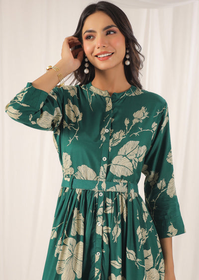 Green & Beige Muslin Long Dress