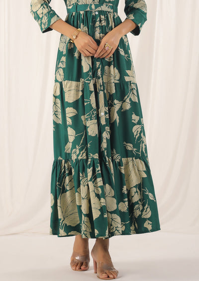 Green & Beige Muslin Long Dress