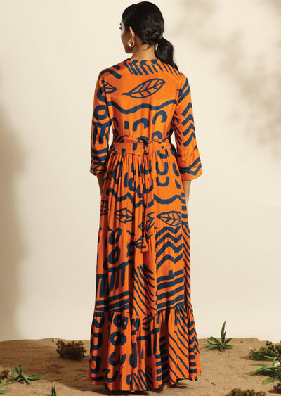Orange & Blue Russian Silk Long Dress