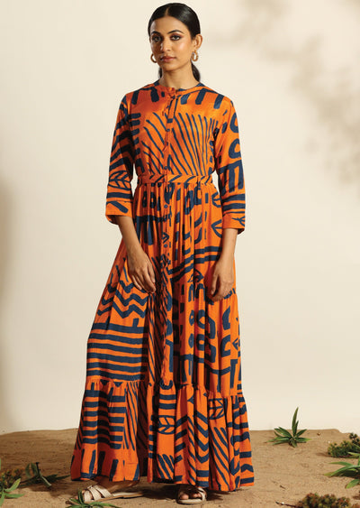 Orange & Blue Russian Silk Long Dress
