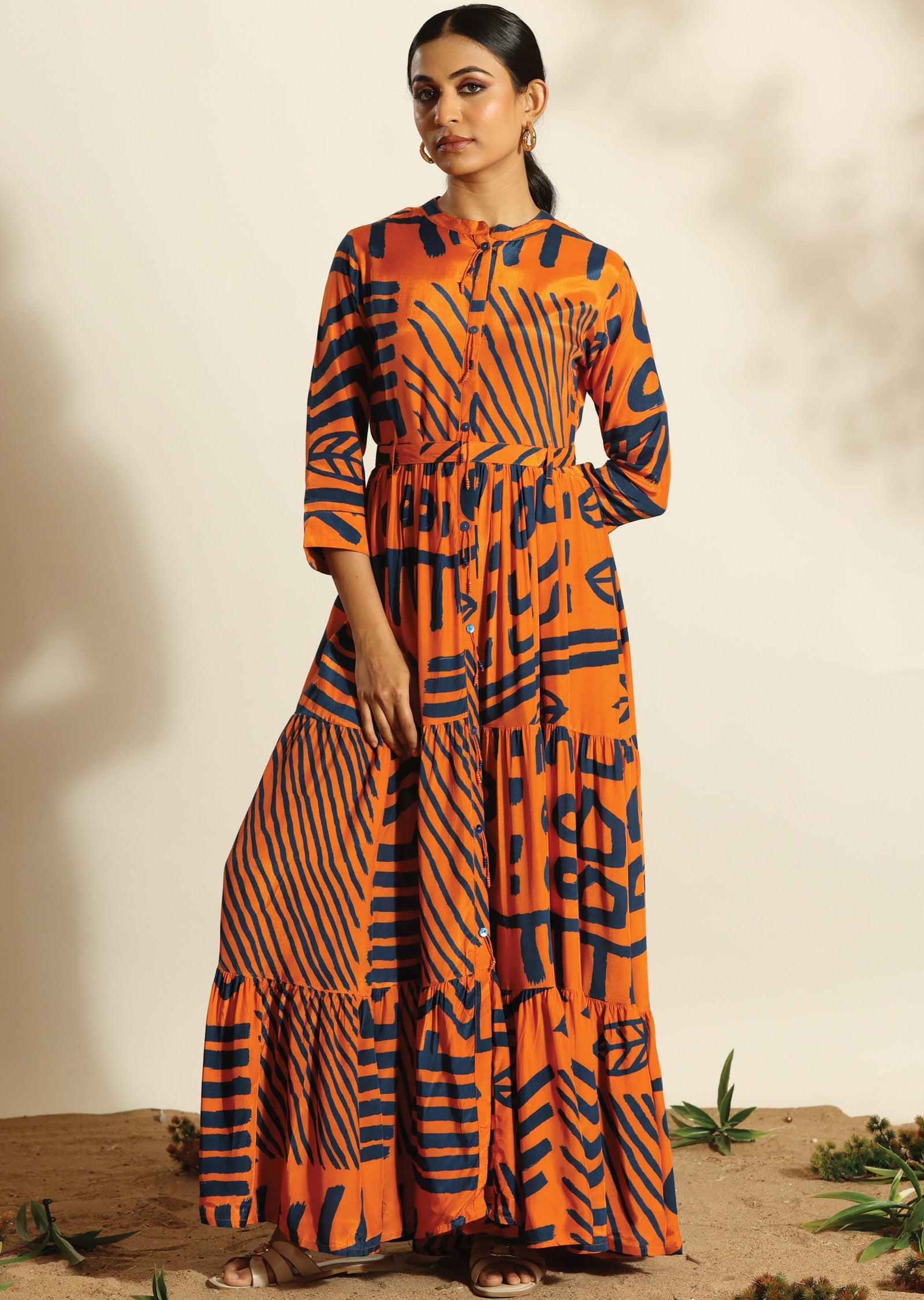 Orange & Blue Russian Silk Long Dress