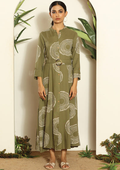 Mehendi Green & Beige Russian Silk Long Dress