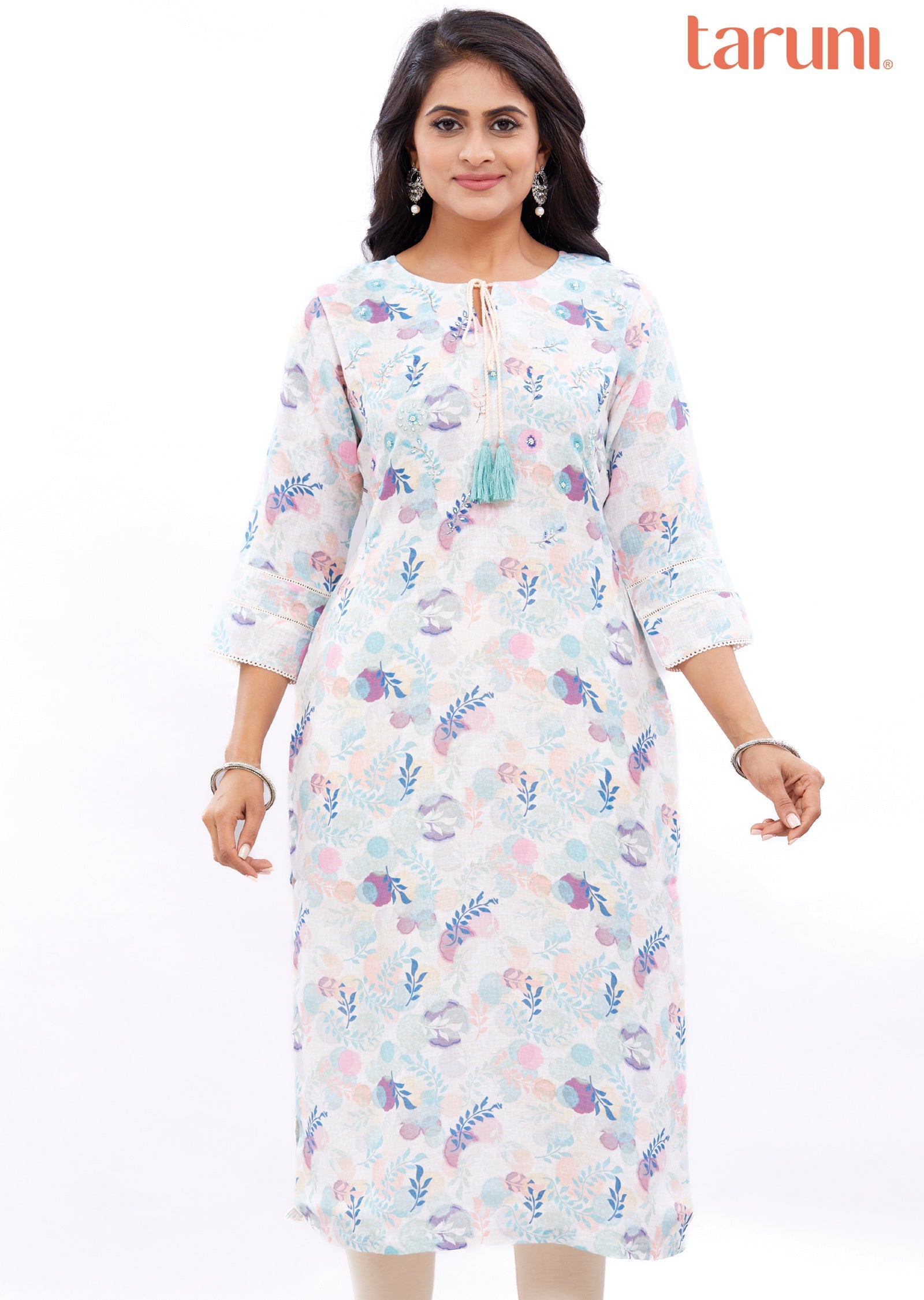 Off White Multi Color Linen Straight Cut Kurti with Zardosi