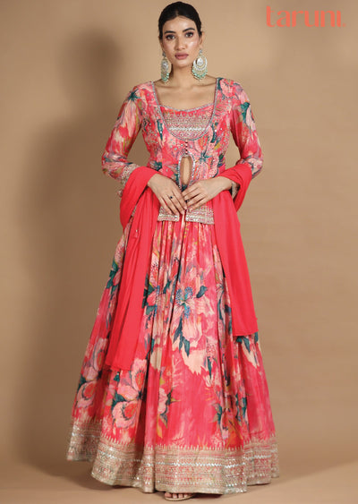 Pink Chinnon Lehenga Set with Cut Dana, Beads & Zari Work