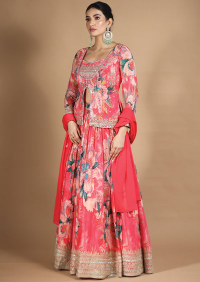 Pink Chinnon Lehenga Set with Cut Dana, Beads & Zari Work