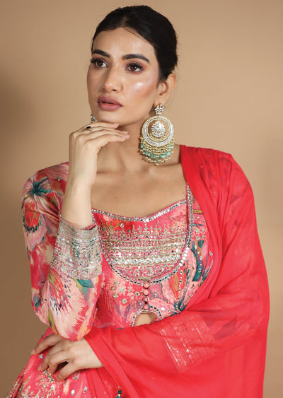 Pink Chinnon Lehenga Set with Cut Dana, Beads & Zari Work