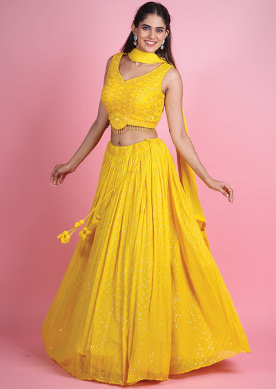 Yellow Silk Georgette Lehenga Set
