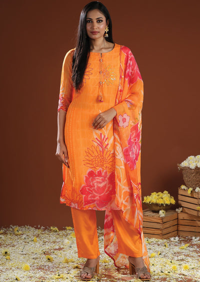 Orange Organza Straight Cut Suit