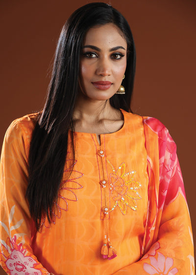 Orange Organza Straight Cut Suit