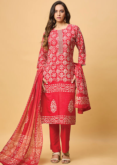 Red Chanderi Silk Straight Cut Suit
