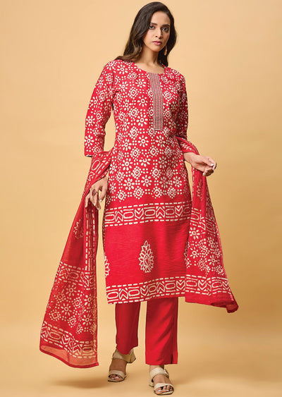 Red Chanderi Silk Straight Cut Suit