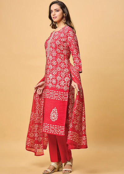 Red Chanderi Silk Straight Cut Suit