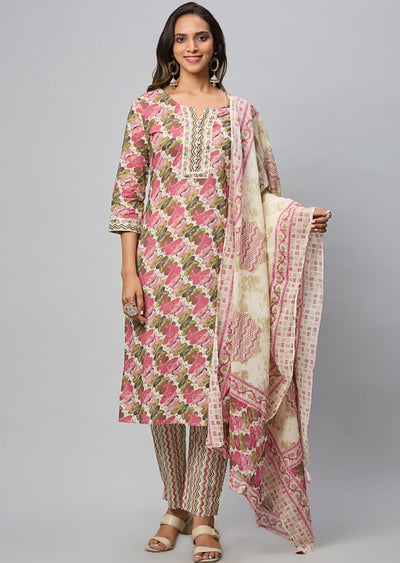 Beige & Multi Color Cotton Straight Cut Suit
