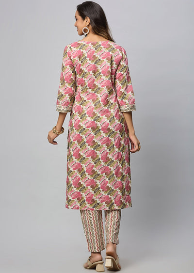 Beige & Multi Color Cotton Straight Cut Suit