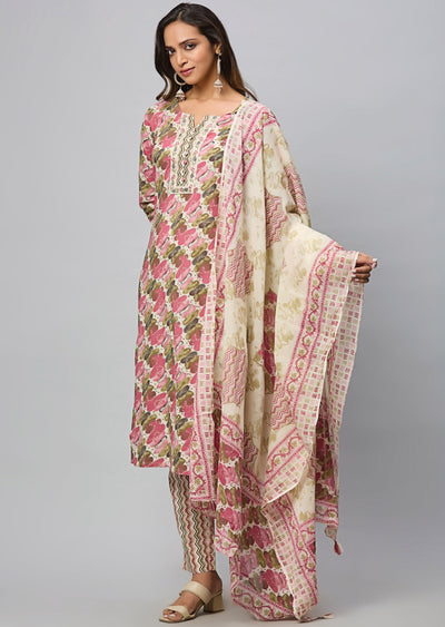 Beige & Multi Color Cotton Straight Cut Suit