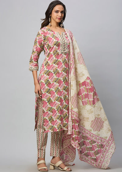 Beige & Multi Color Cotton Straight Cut Suit