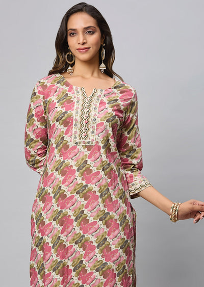 Beige & Multi Color Cotton Straight Cut Suit