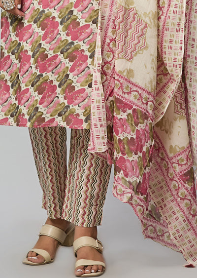 Beige & Multi Color Cotton Straight Cut Suit