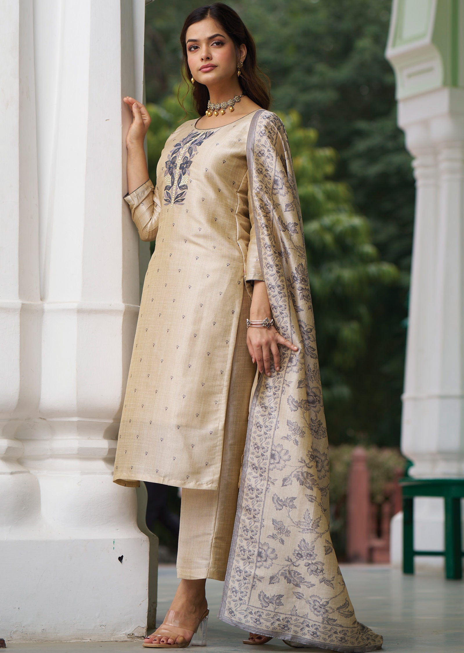 Beige Tussar Silk Straight Cut Suit