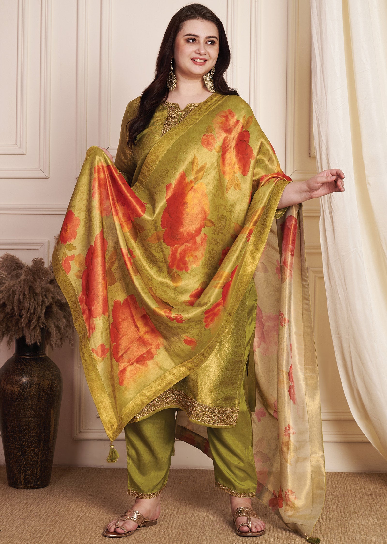 Mehendi Green Tissue Banaras Silk Straight Cut Suit