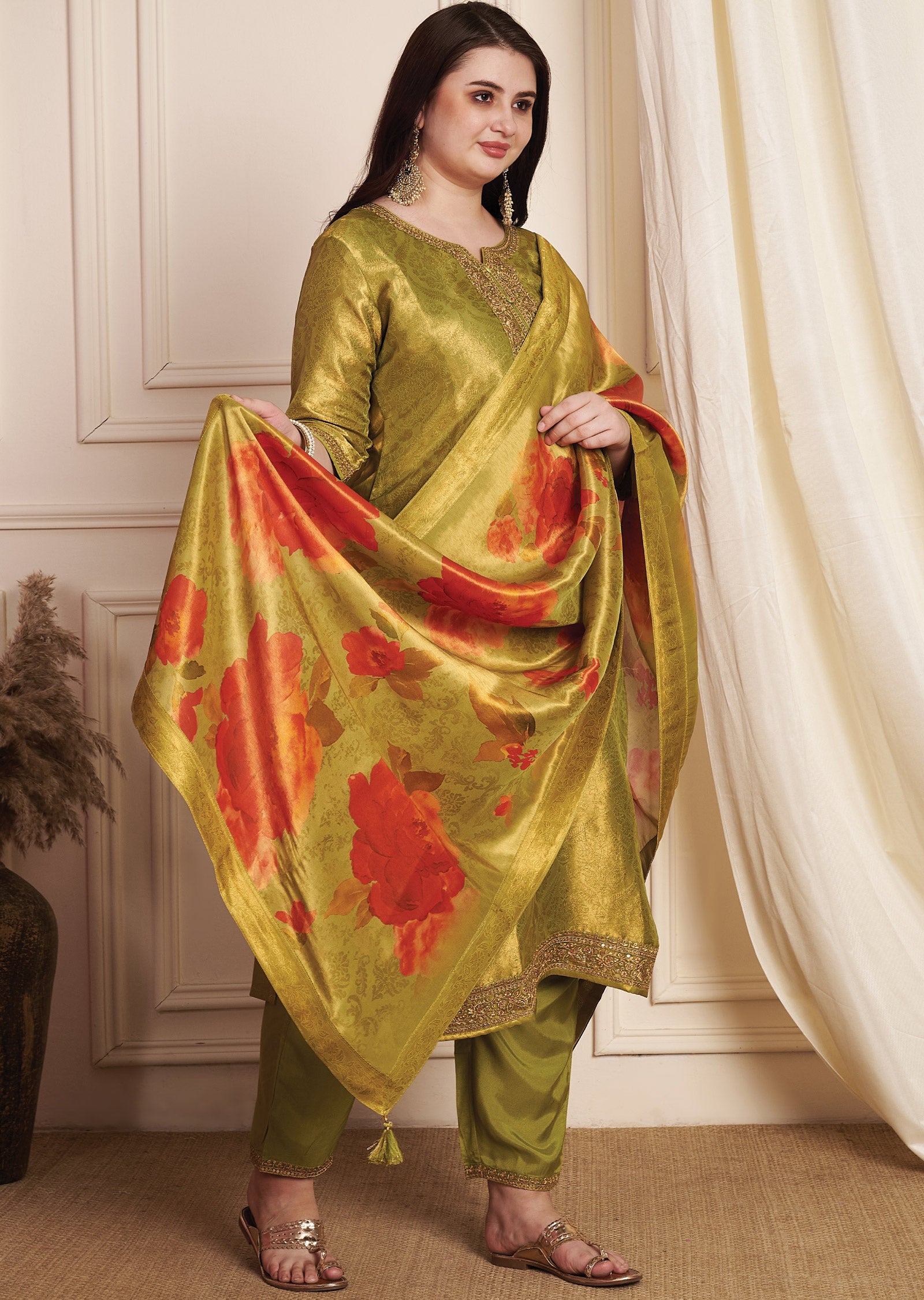 Mehendi Green Tissue Banaras Silk Straight Cut Suit