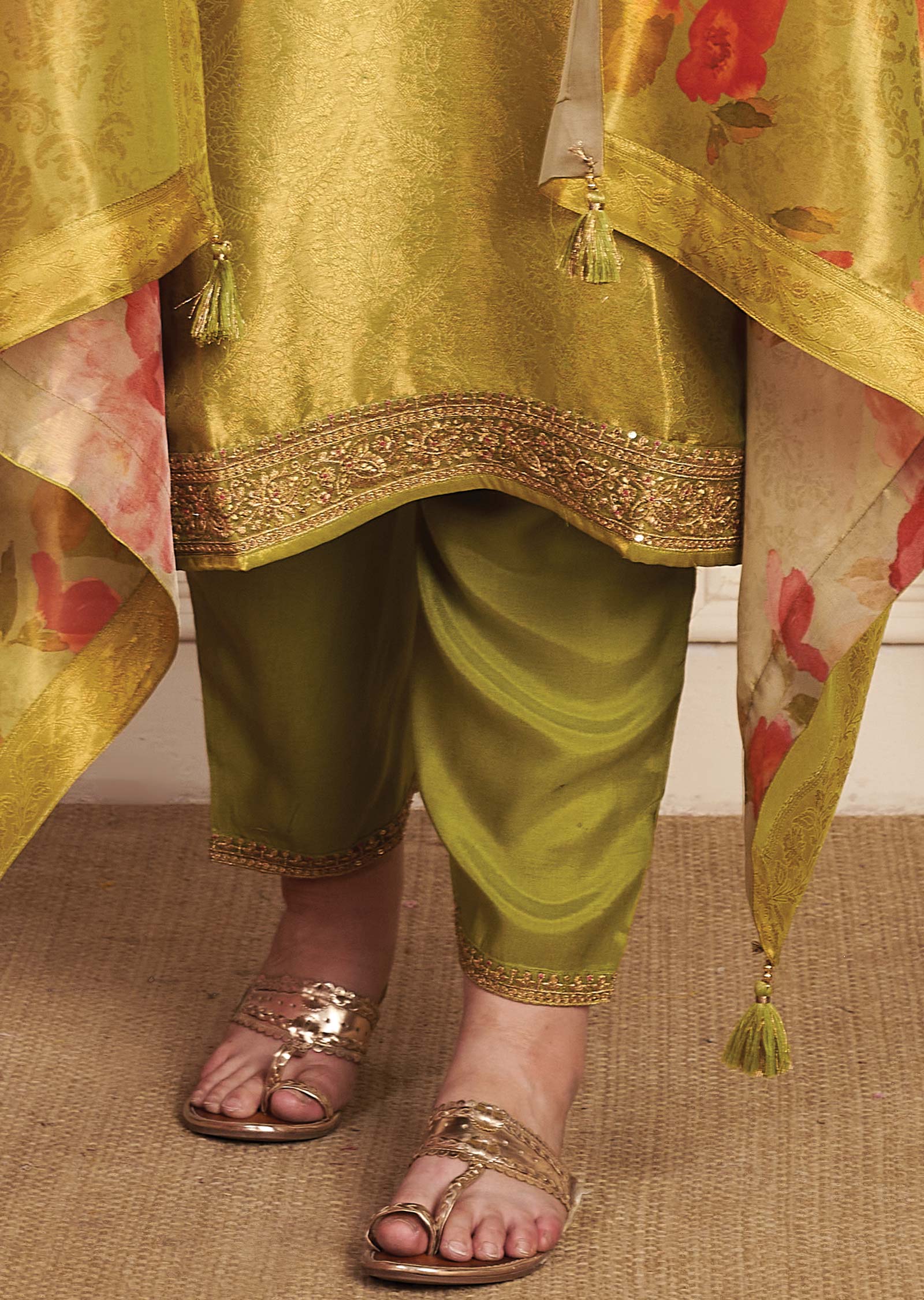 Mehendi Green Tissue Banaras Silk Straight Cut Suit