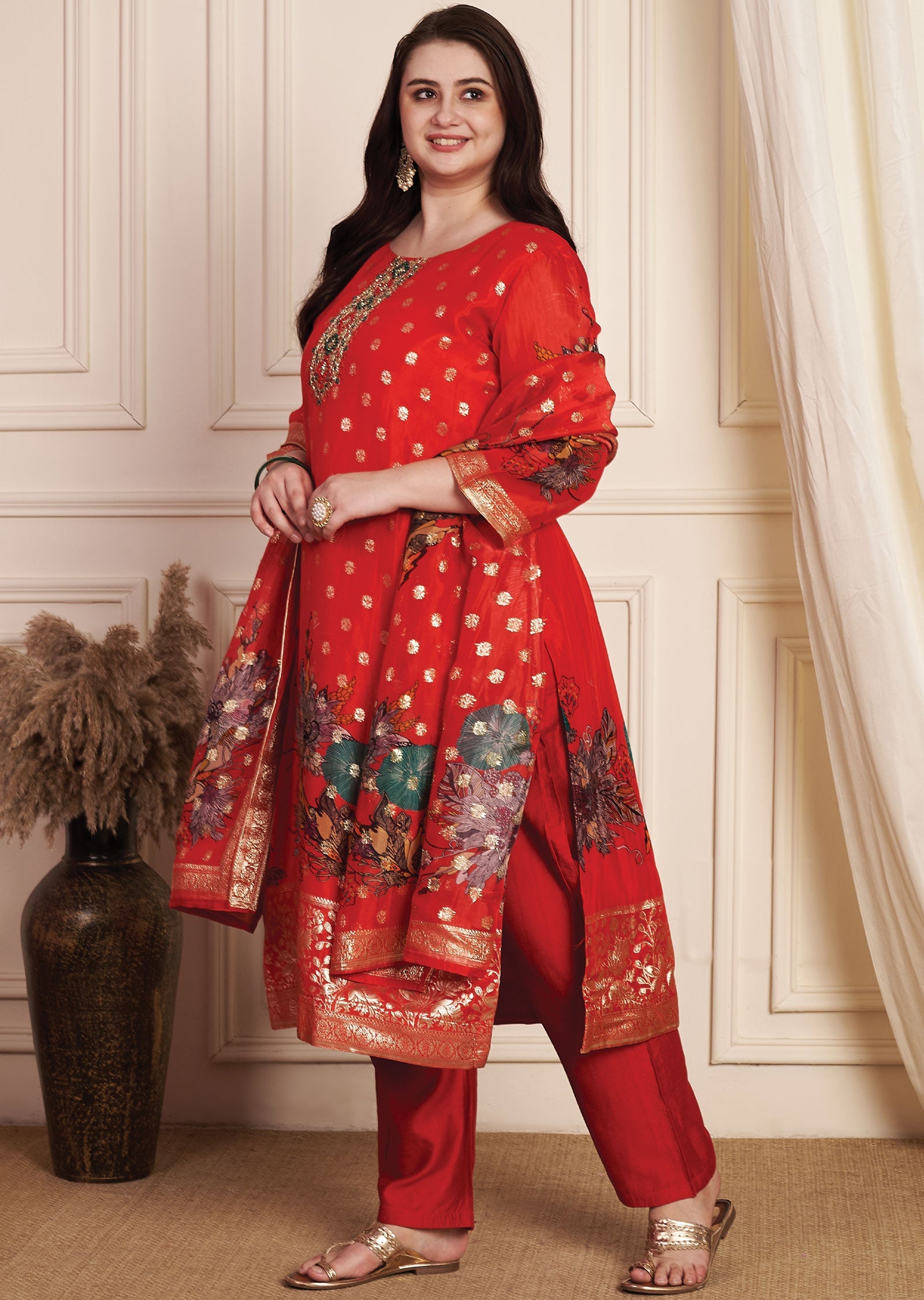 Red Banarasi Organza Straight Cut Suit