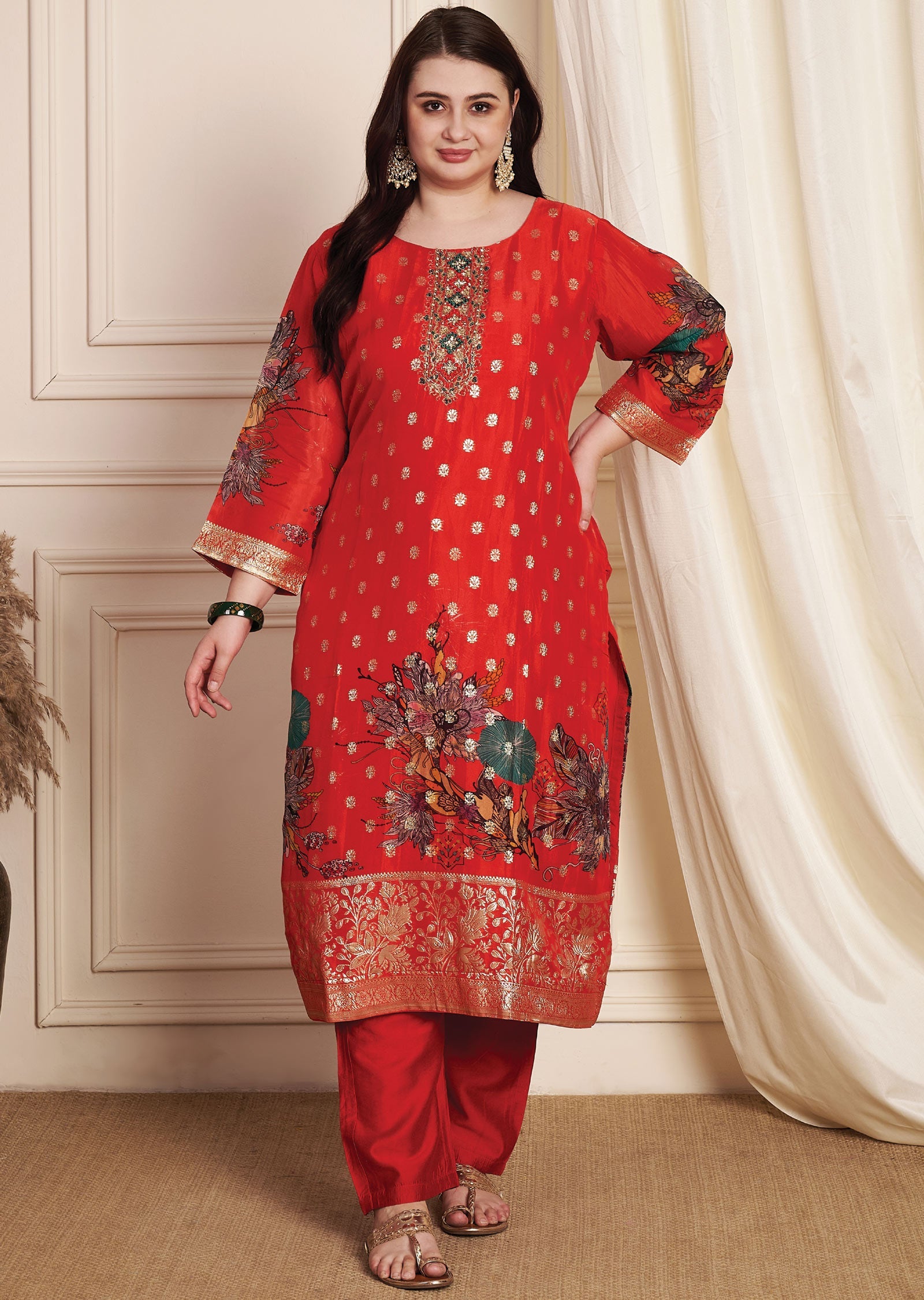 Red Banarasi Organza Straight Cut Suit