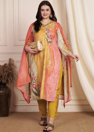 Multi Colour Linen Cotton Straight Cut Suit